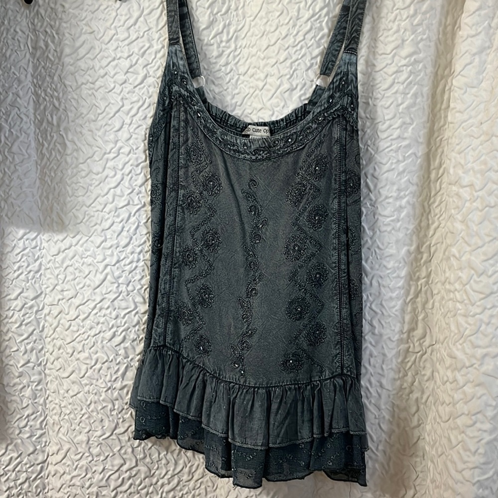 Denim colored, Vine & Sun Detailed Flowy Tank